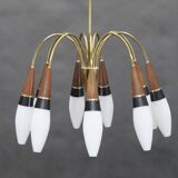 1960s Rupert Nikoll Brass and Teak Opaline Glass Chandelier ,Austria