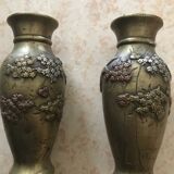 Paire de mini vase en bronze ciselé Japon  décor oiseau