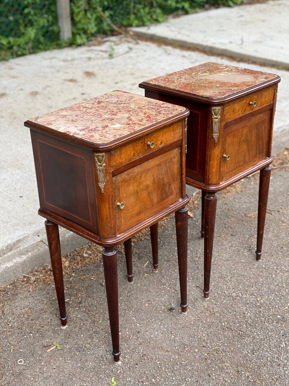 Pair of Louis XV bedside tables, 19th century, marquetry and pink marble