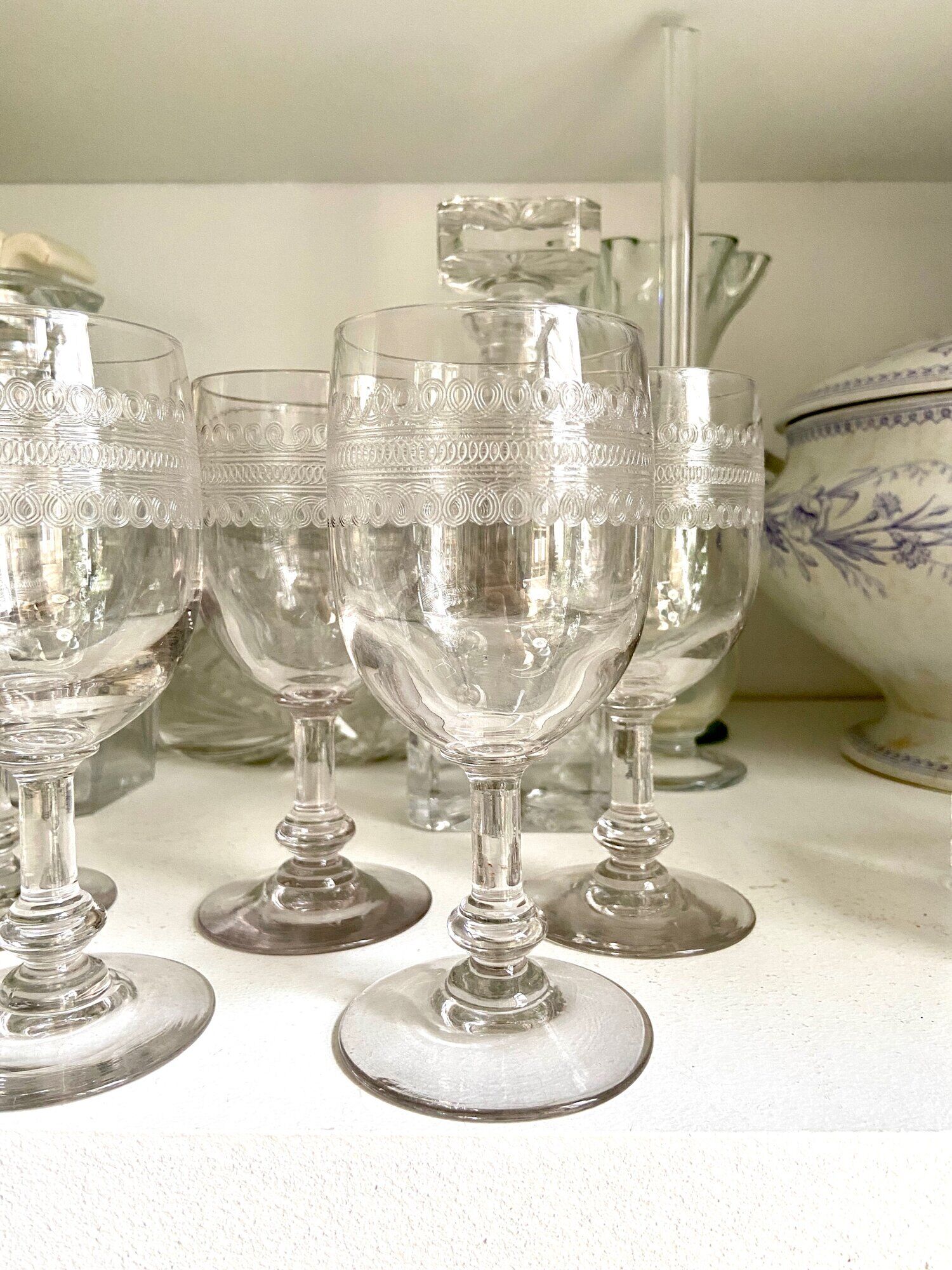 5 engraved glass stemmed glasses