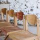 4 vintage canteen chairs in beech, 1980.