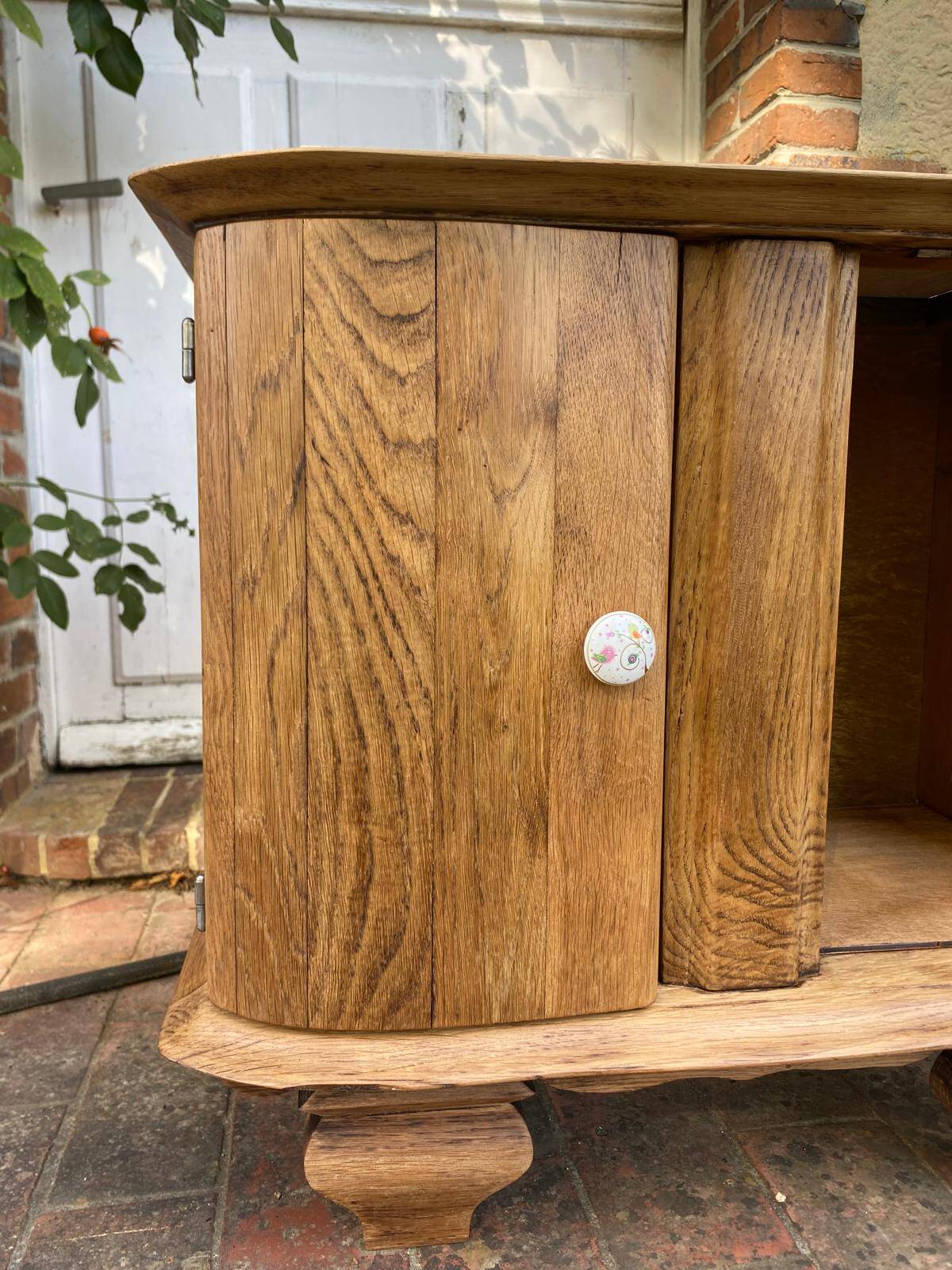 Small accent table / Art Deco bedside table in solid oak and beige marble