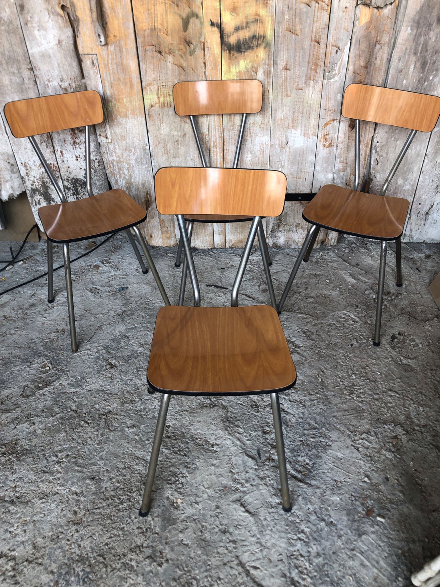 Series of 4 Formica Chairs Wood Legs Metal Chrome Vintage #A243