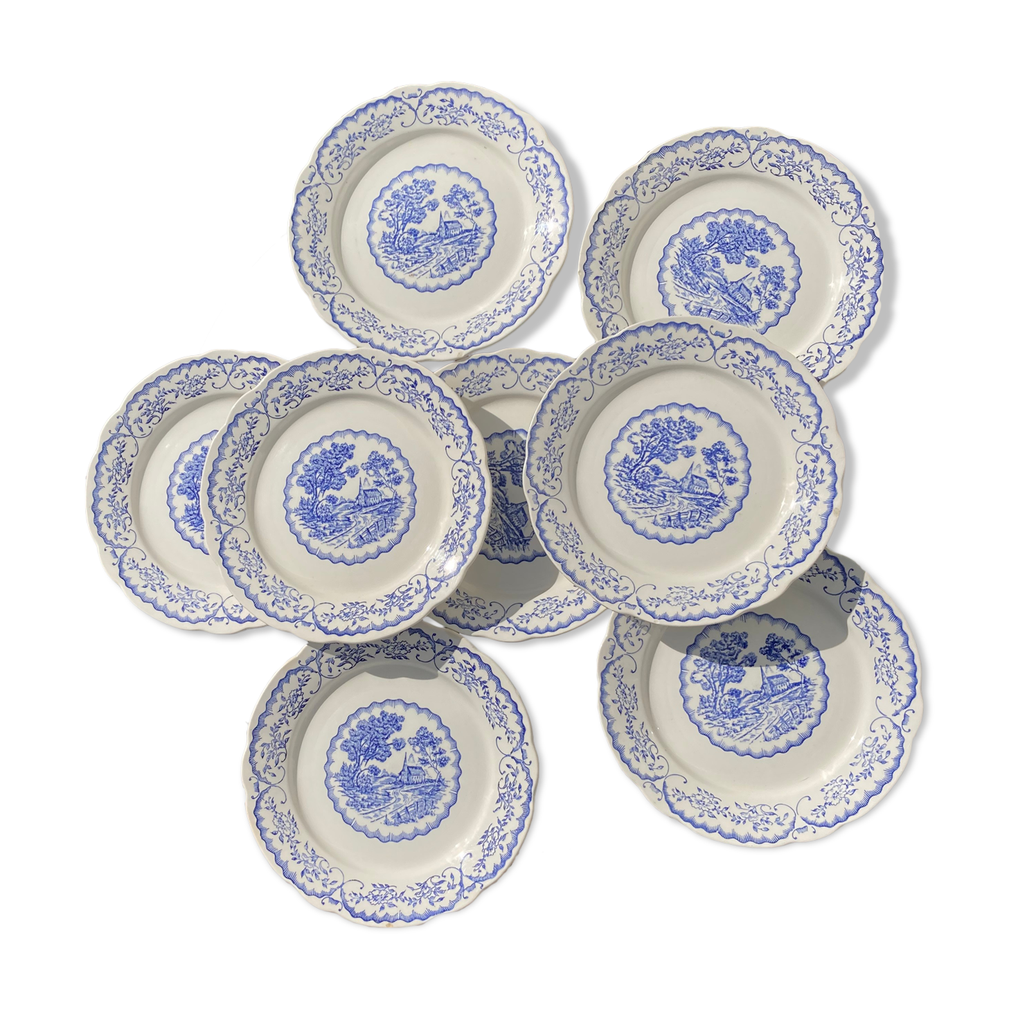 8 flat plates Digoin Sarreguemines blue and white vintage with countryside village décor