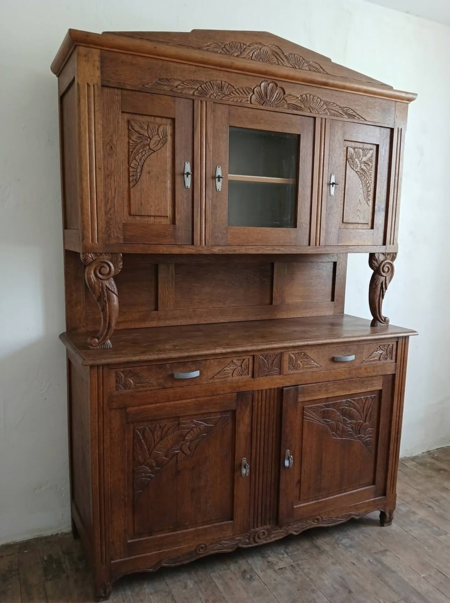 Art Deco Two-Door Buffet - Carved Oak - 1930s
