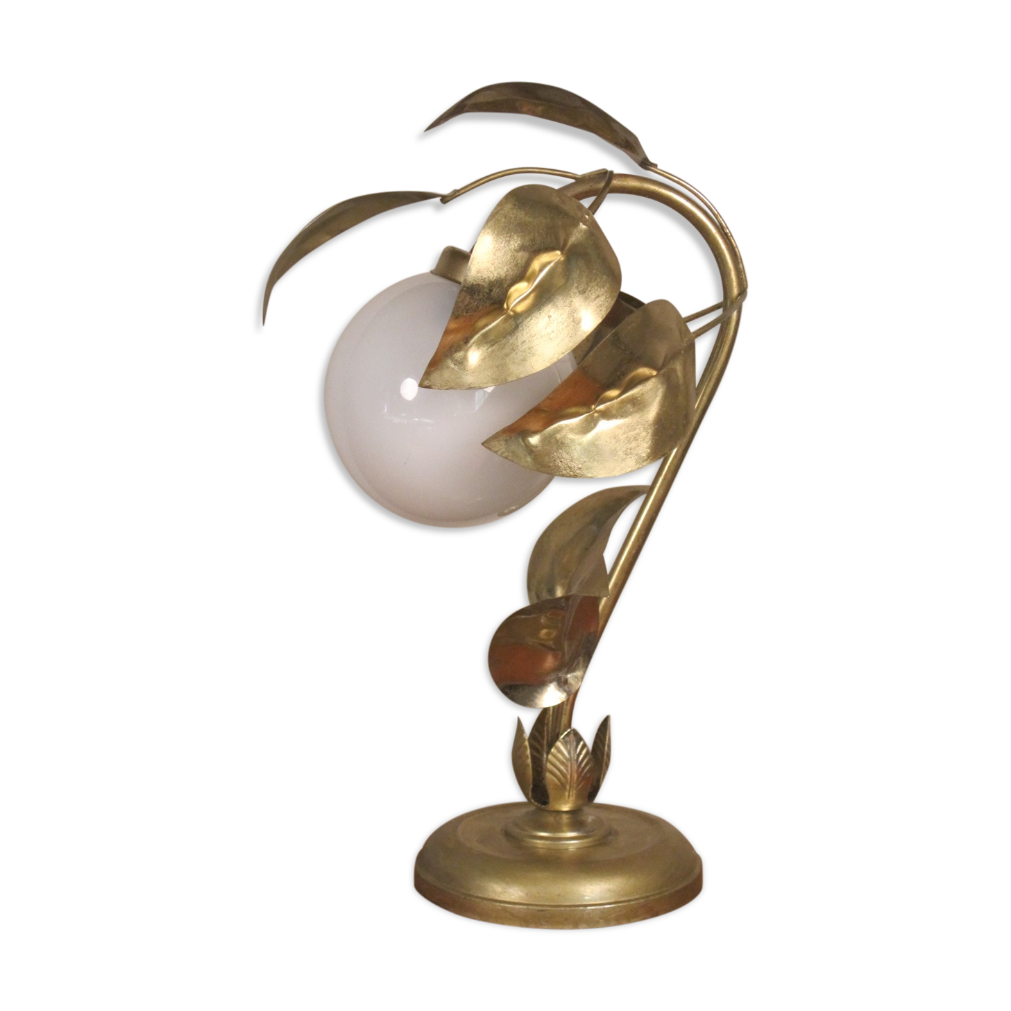 Vintage table lamp sixties Flower and Foliage in gilded metal & Globe opaline