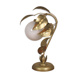 Vintage table lamp sixties Flower and Foliage in gilded metal & Globe opaline