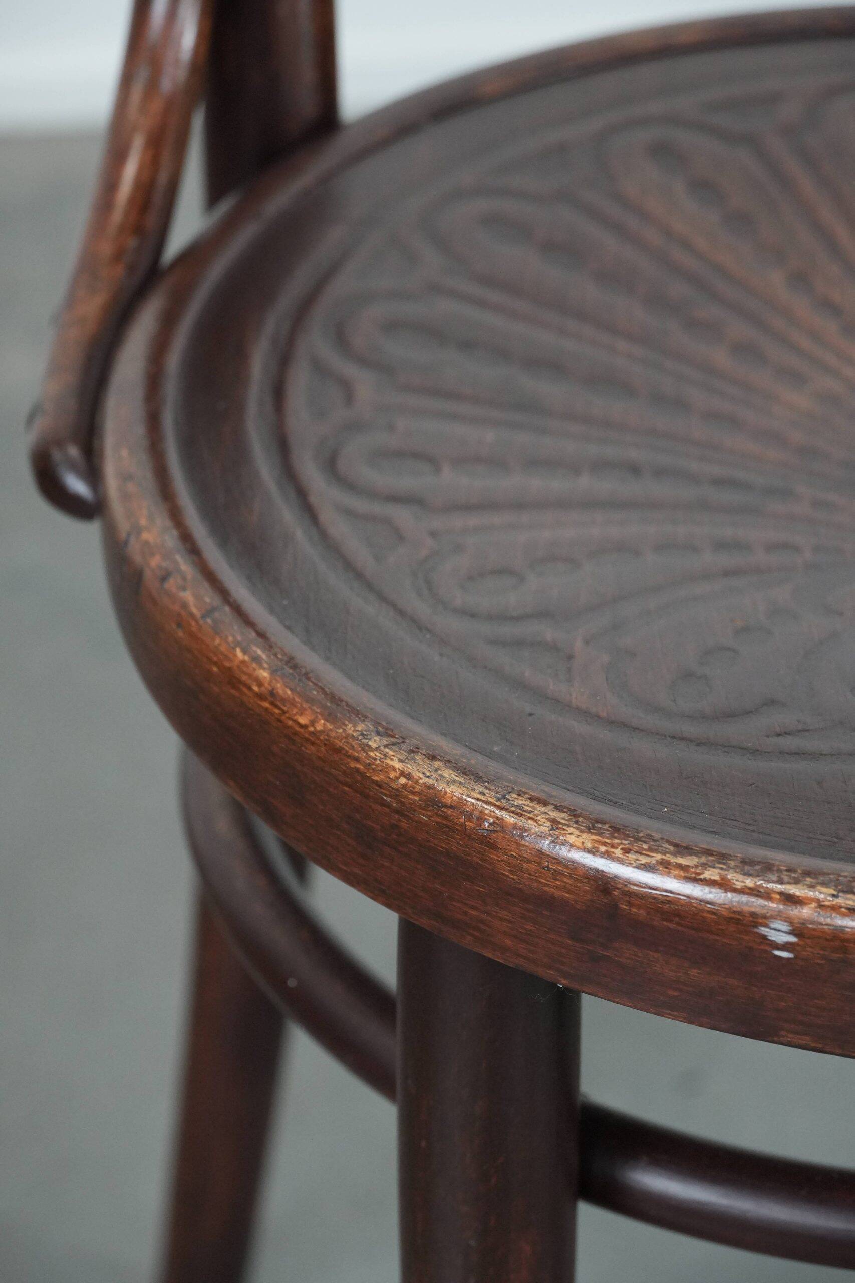 Set of five vintage wooden Cosmos bistro design chairs with stunning detail