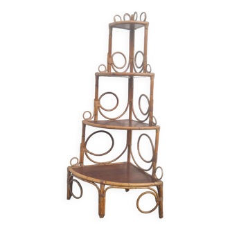 Vintage 1960s bamboo rattan corner shelf bookcase (peacock / Emmanuelle)