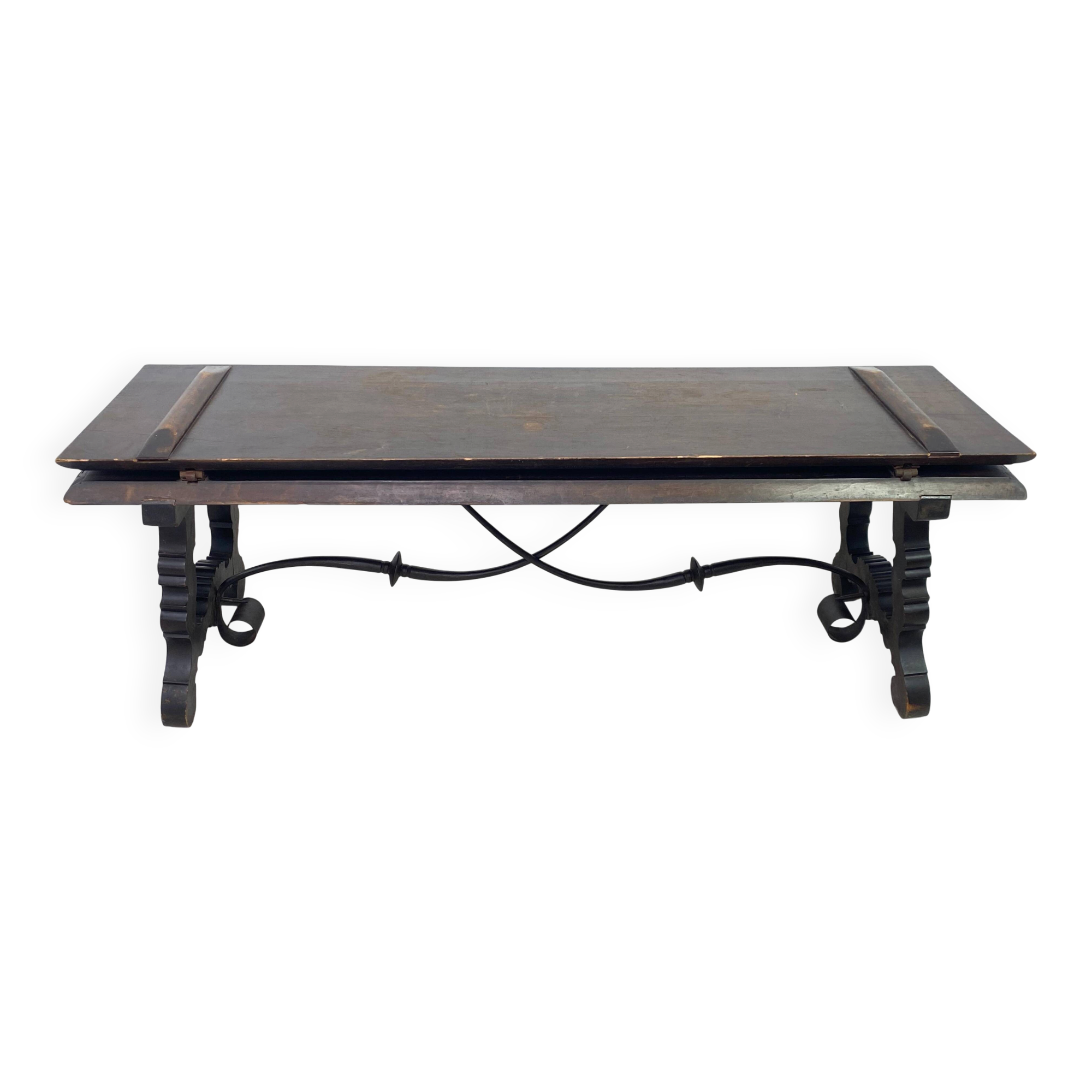 Banc en châtaignier et fer sculpté de la Renaissance espagnole du XIXe siècle