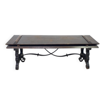 Banc en châtaignier et fer sculpté de la Renaissance espagnole du XIXe siècle