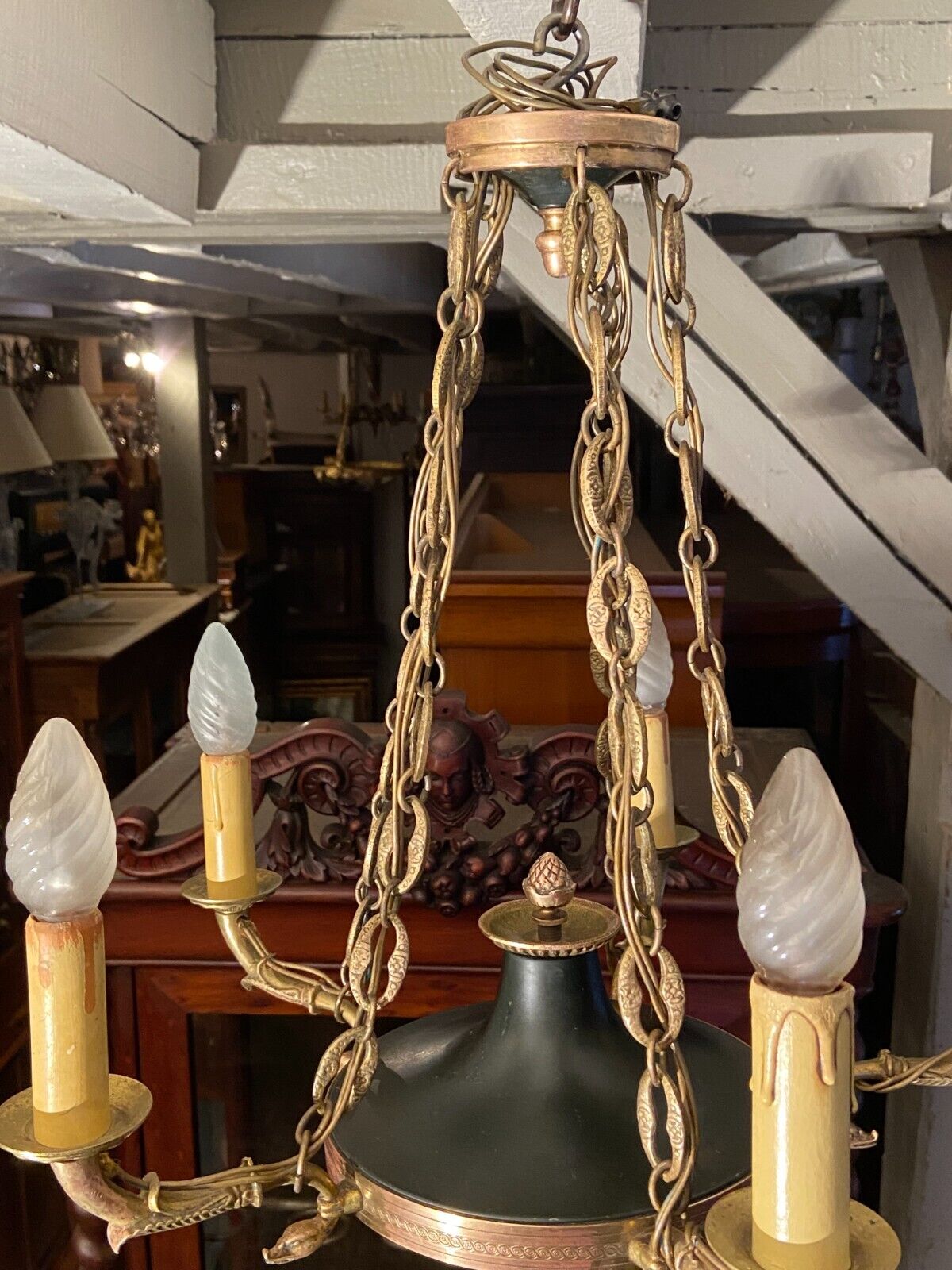 5-burner bronze and metal chandelier with double patina Empire style