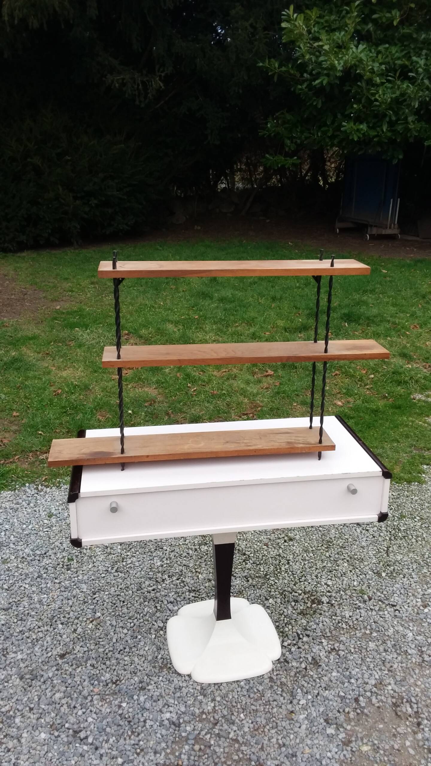 Vintage asymmetrical wall shelf in solid oak and metal from the 60s