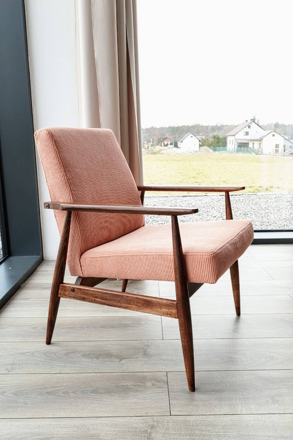 Vintage salmon red armchair, modern design by H.Lis