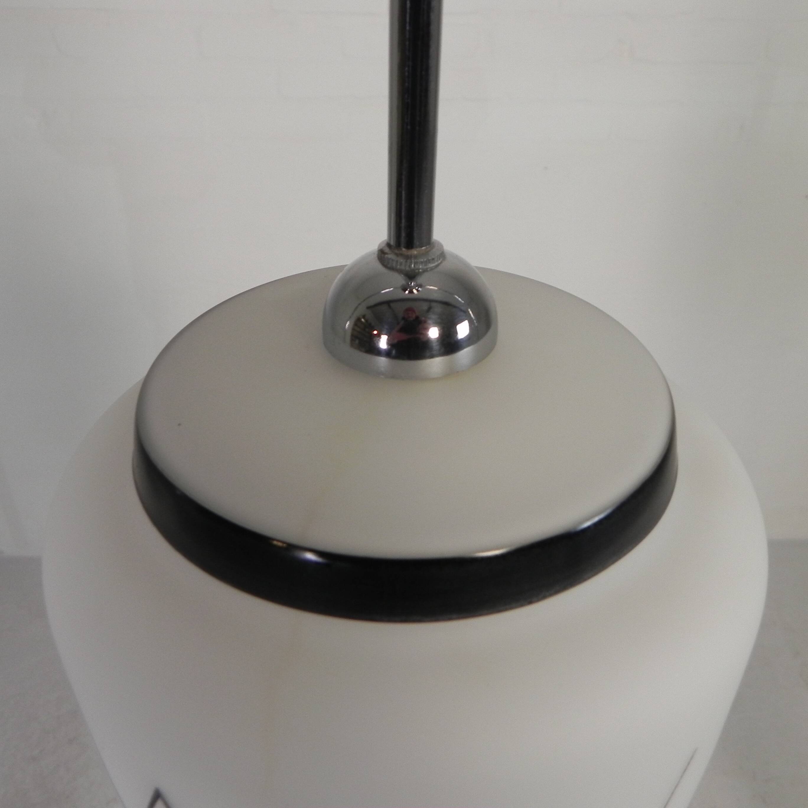 Vintage suspension with opaline lampshade and black decoration, 1950s.