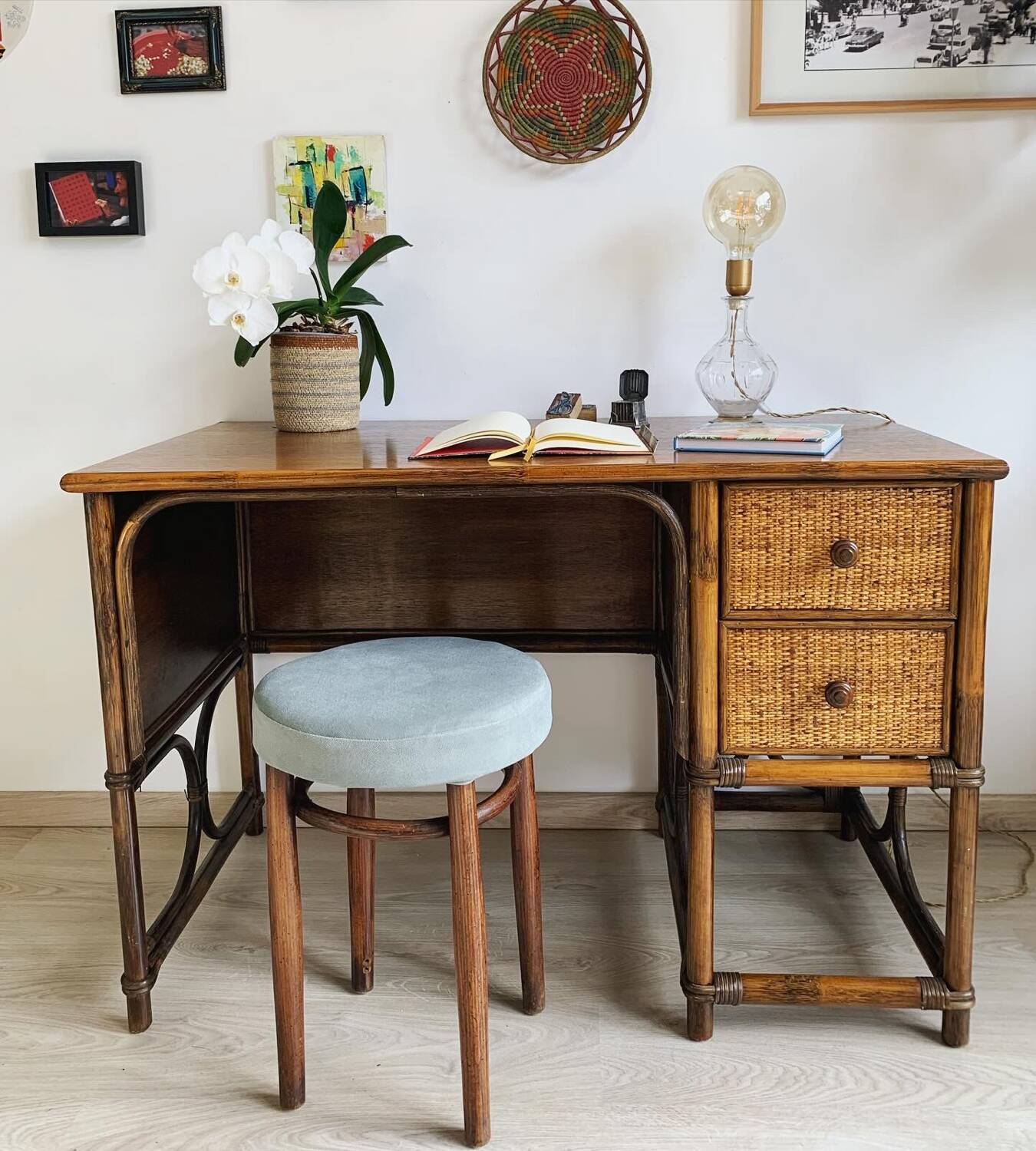 Vintage bamboo and wood rattan desk
