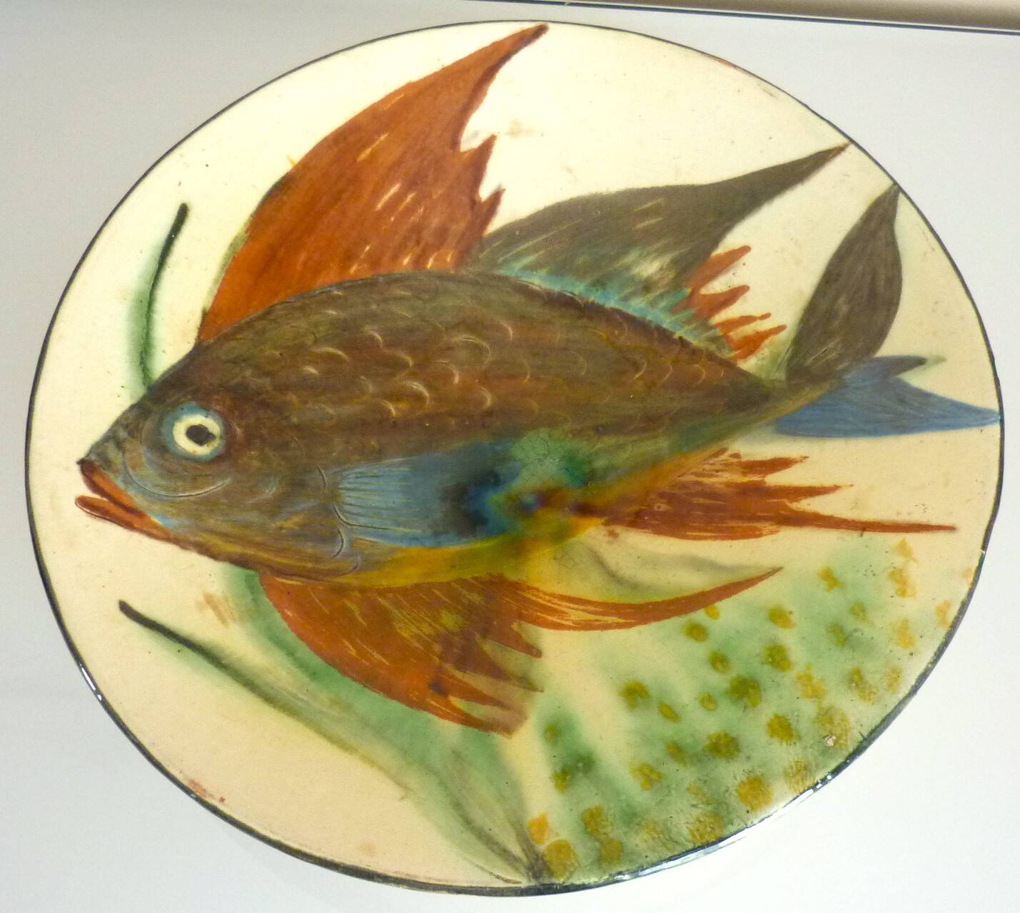Ceramic dish, enameled terracotta, signed Puigdemont, 1960s, fish