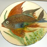 Ceramic dish, enameled terracotta, signed Puigdemont, 1960s, fish