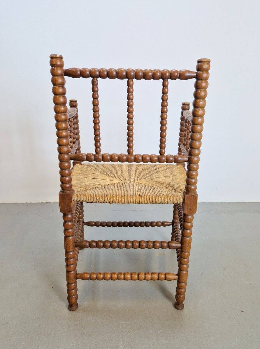 Mid-Century Arts and Craft Oak Bobbin Chair with Rush Seat, 1930s
