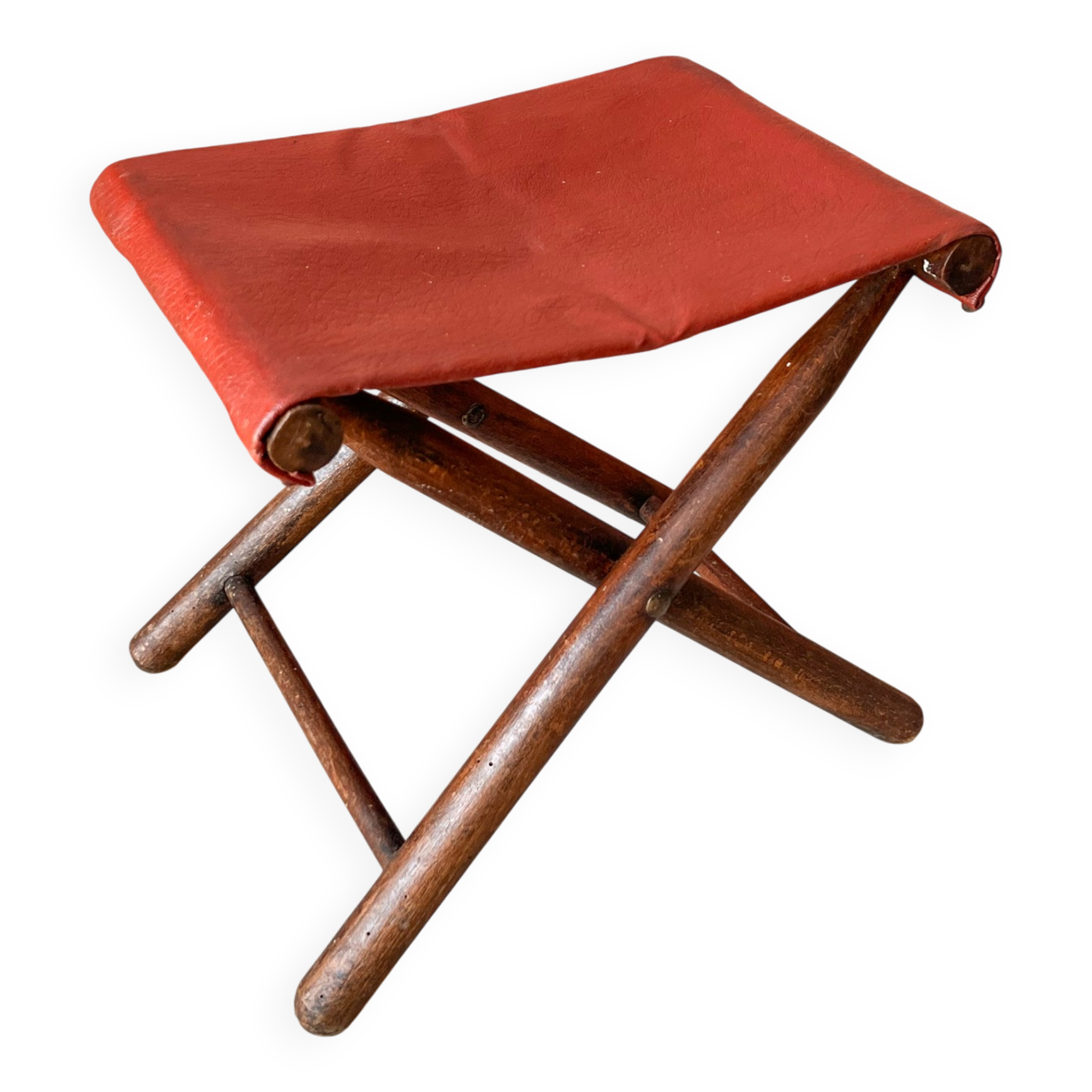 Vintage folding stool Leather & Wood Curule style