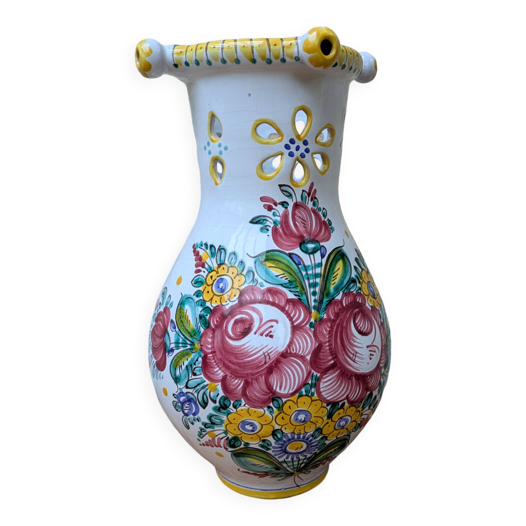 Ancien vase en terre cuite décor bouquet de fleur fait main