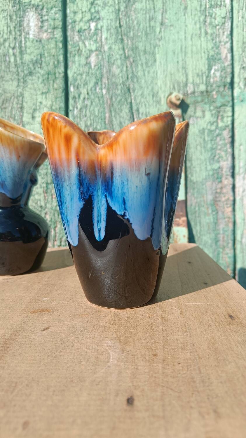 "Pair of vintage glazed ceramic vases – blue flamed glaze – ann"