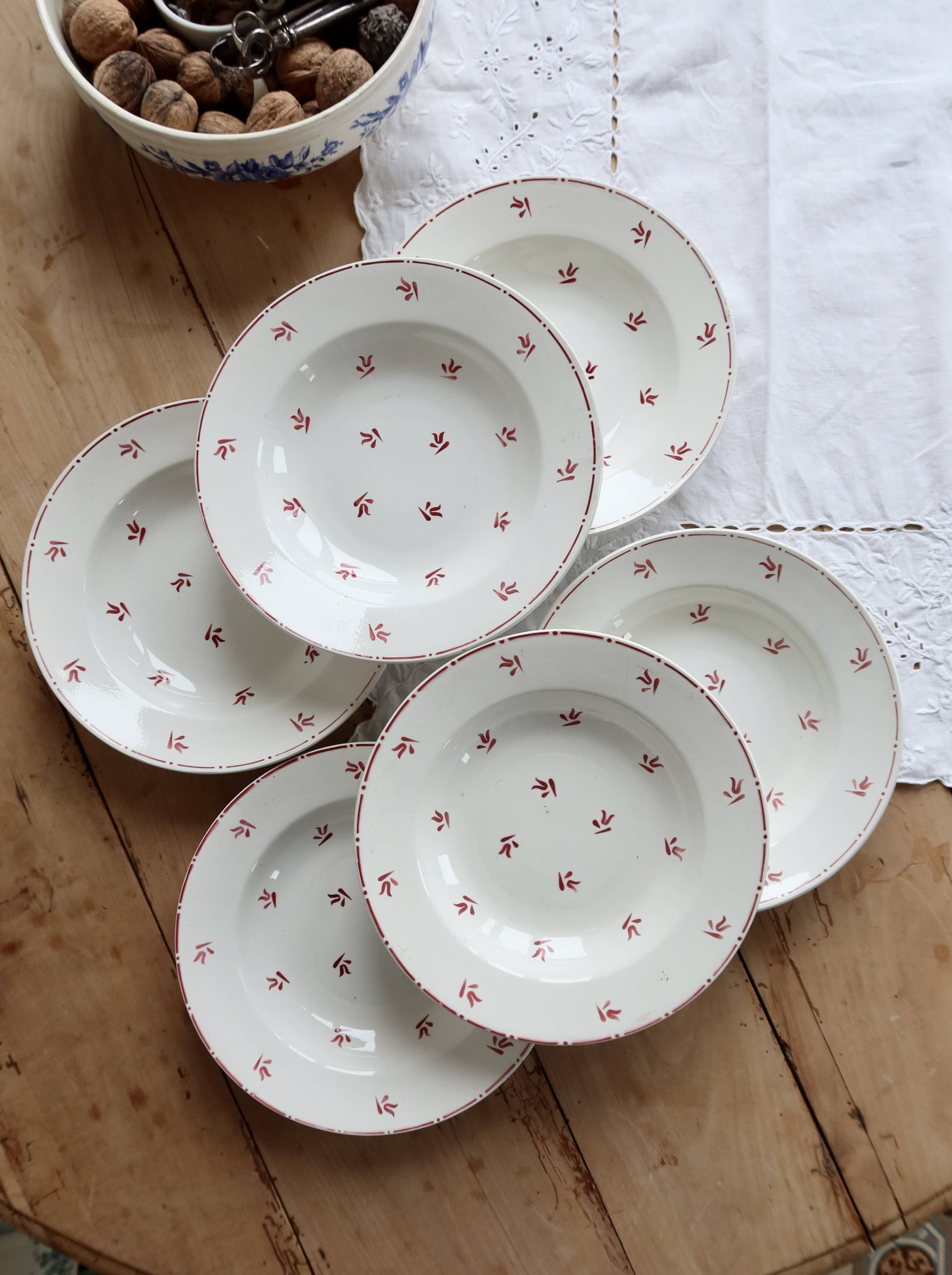 6 vintage white earthenware deep plates with red patterns