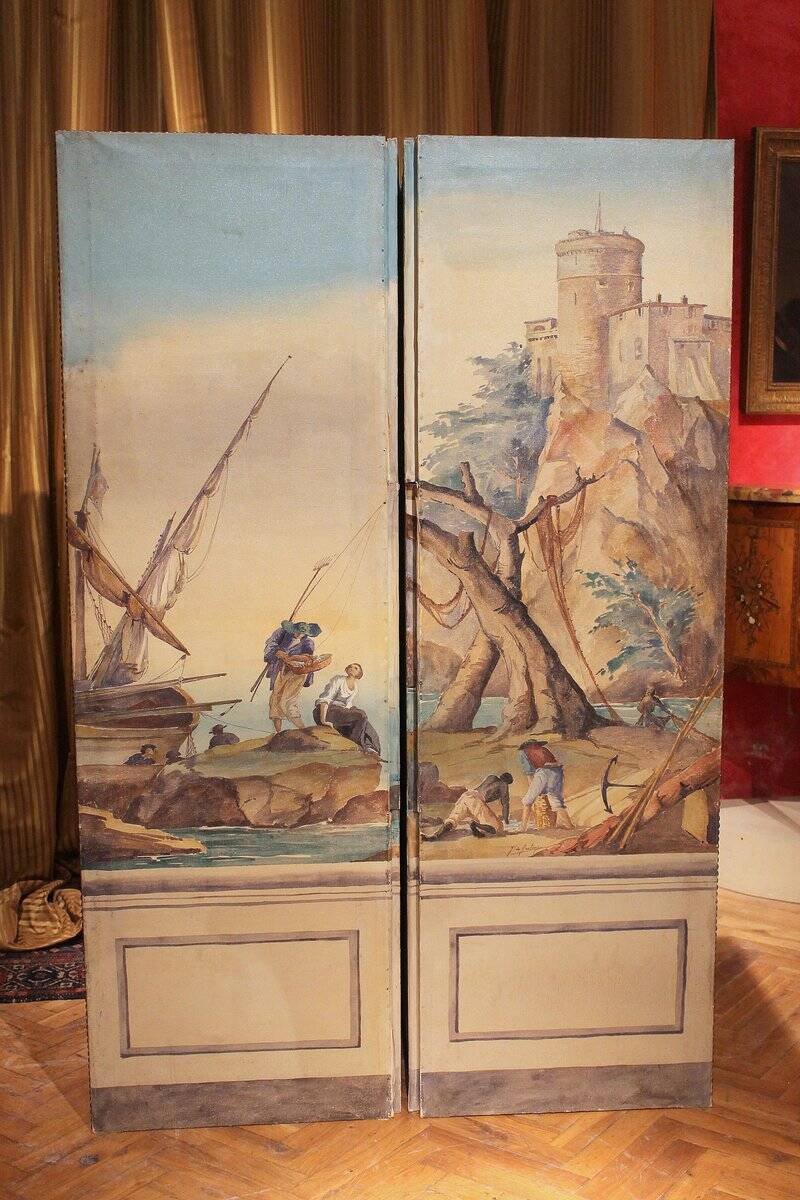 Early 20th Century French Tempera on Canvas Folding Screen with Seascape View