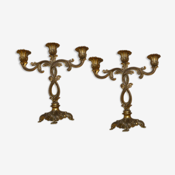 Pair of candlesticks with 3 branches, metal, vintage