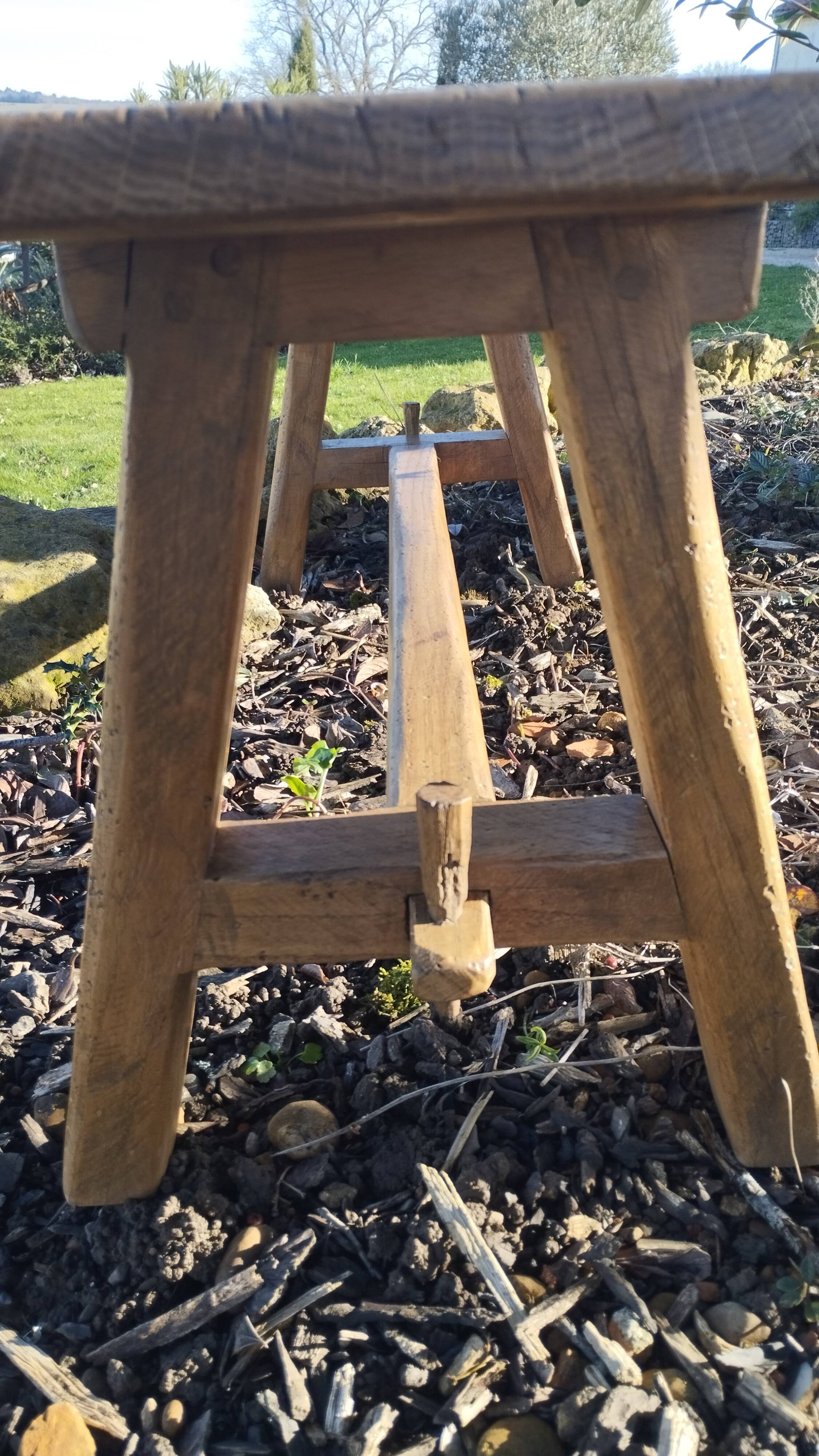 "A frame" bench in solid oak, patinated.