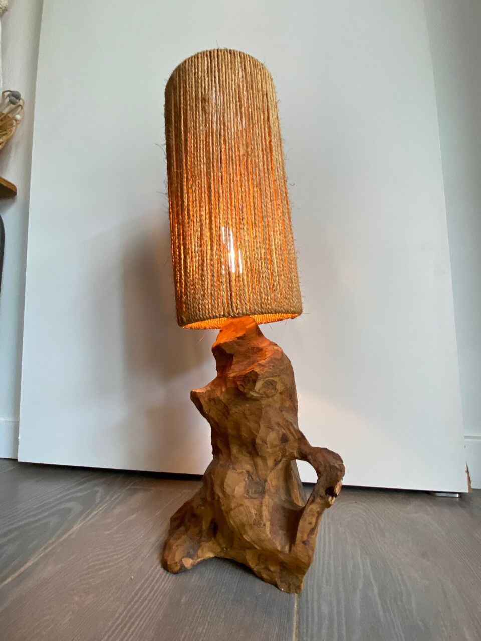 Brutalist style lamp, raw wood and rope
