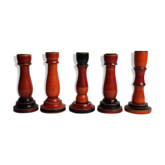 Set of five wooden candlesticks turned in the colors of "Pompeï"