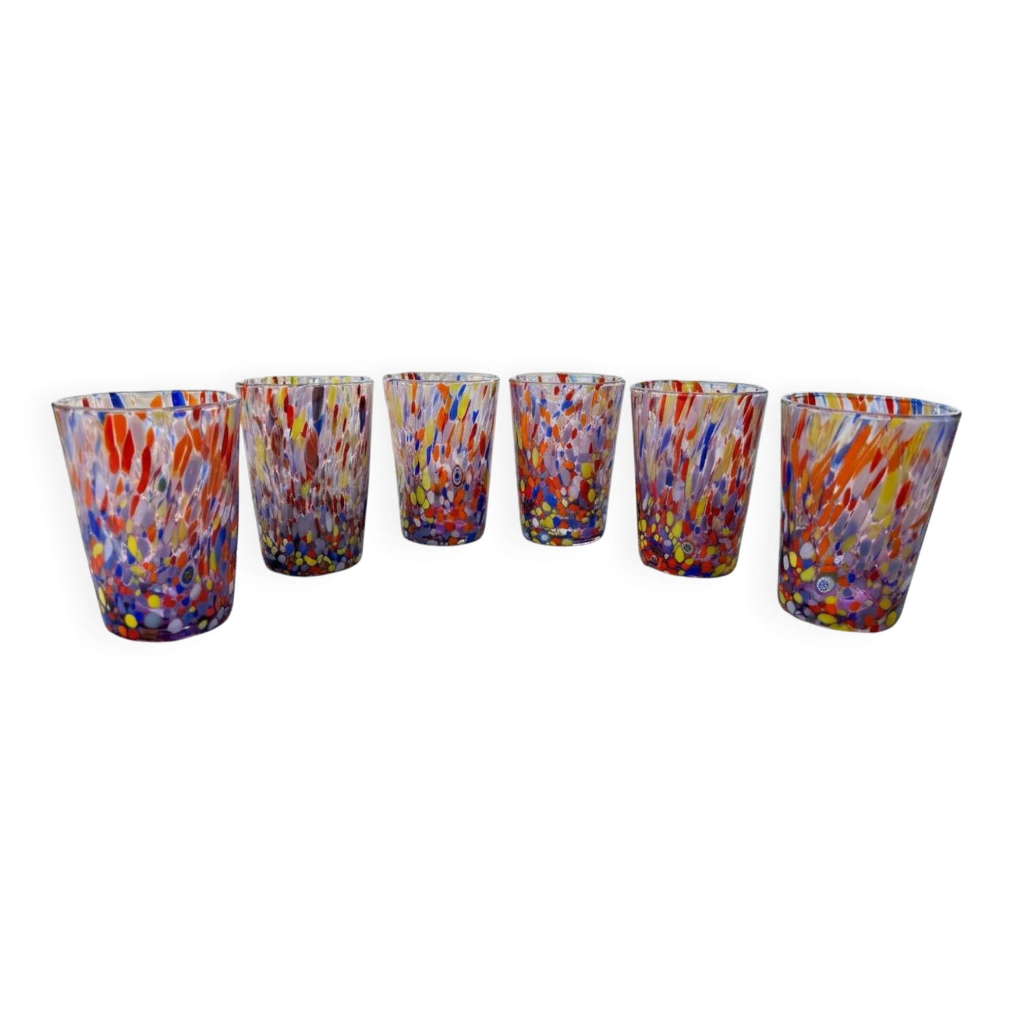 Set of 6 blown glass glasses with Murano murrine.
