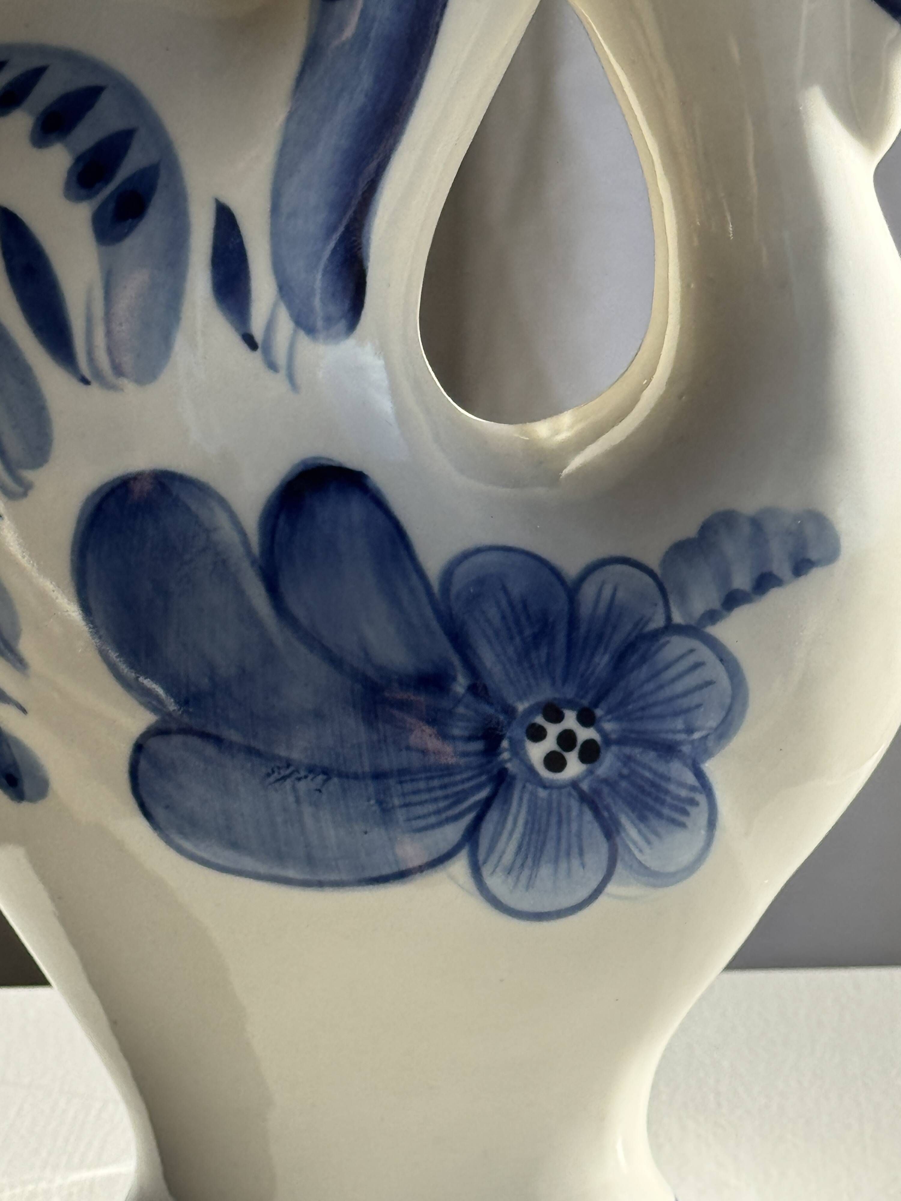 Vintage white ceramic carafe with blue Gjel-style decoration, USSR.