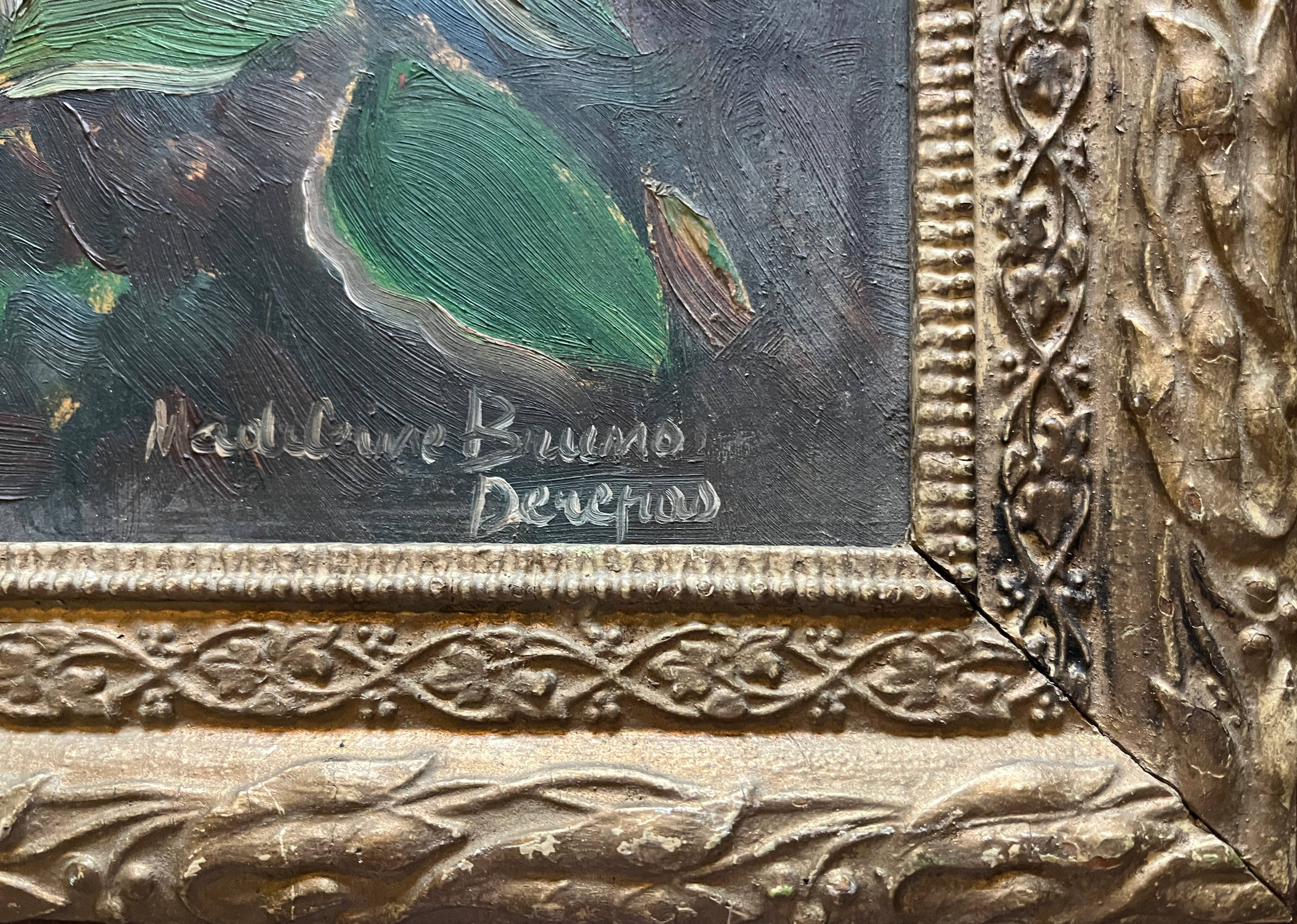 HSP Garden Roses painting signed Madeleine Bruno Derepas + frame