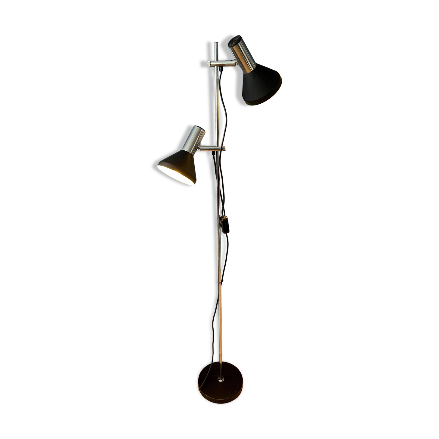 Mid-century black vintage floor lamp with two aluminium spots.
