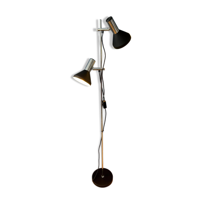 Lampadaire vintage noir mid-century avec deux spots en aluminium