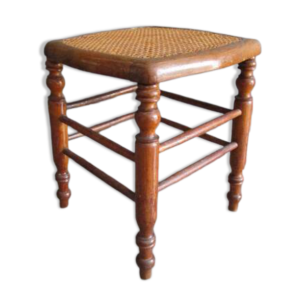 Tabouret ancien en bois et assise en cannage