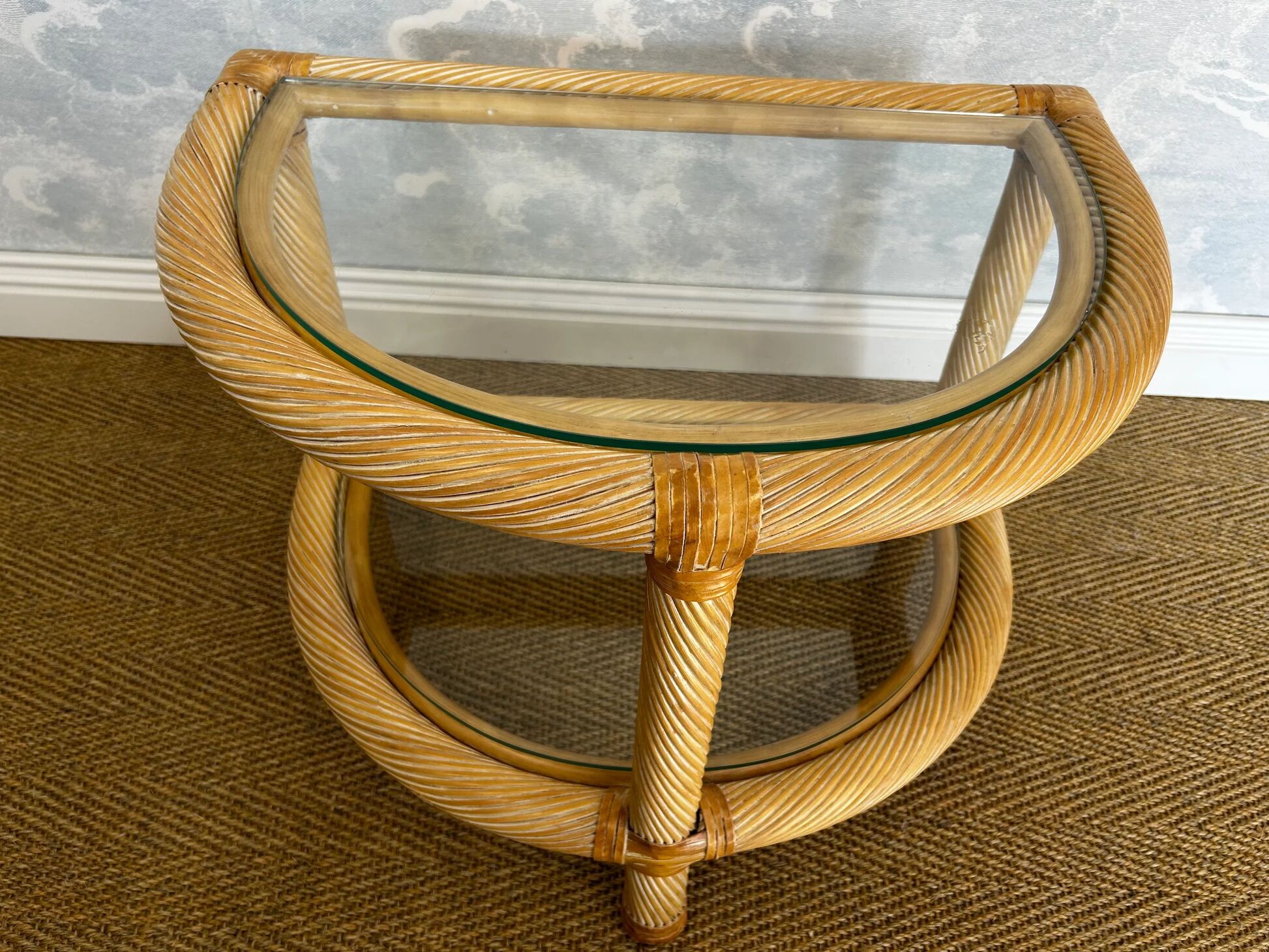 Two-tiered twisted rattan accent table with glass shelves, 1970s