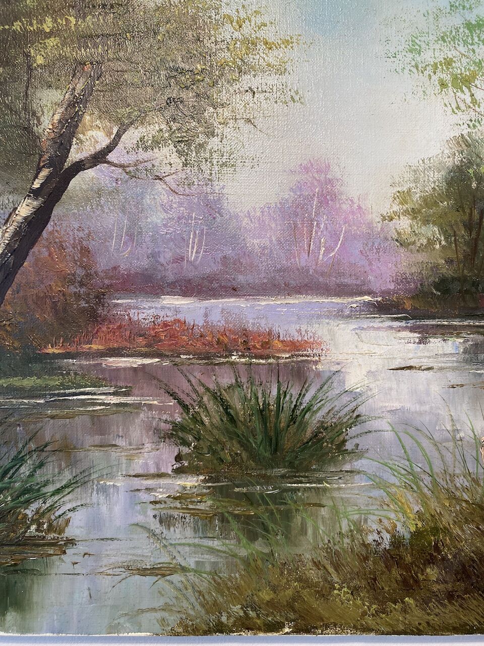 Old painting, landscape at the pond, signed Leroux, XX century