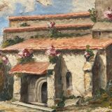 Huile sur panneau R. Luvinel ou Luvinet signature à identifier maison fleurs 1932