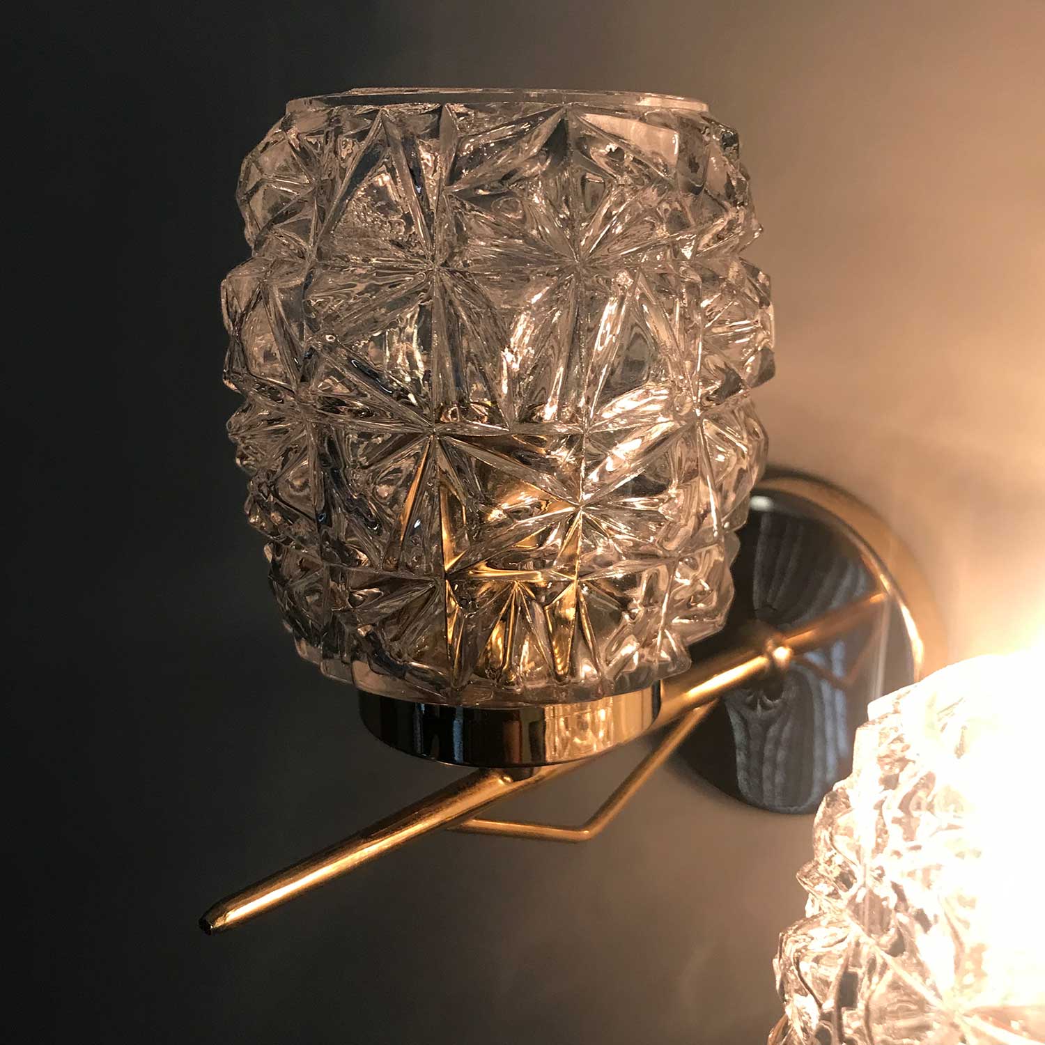 Pair of glass and brass wall lamps