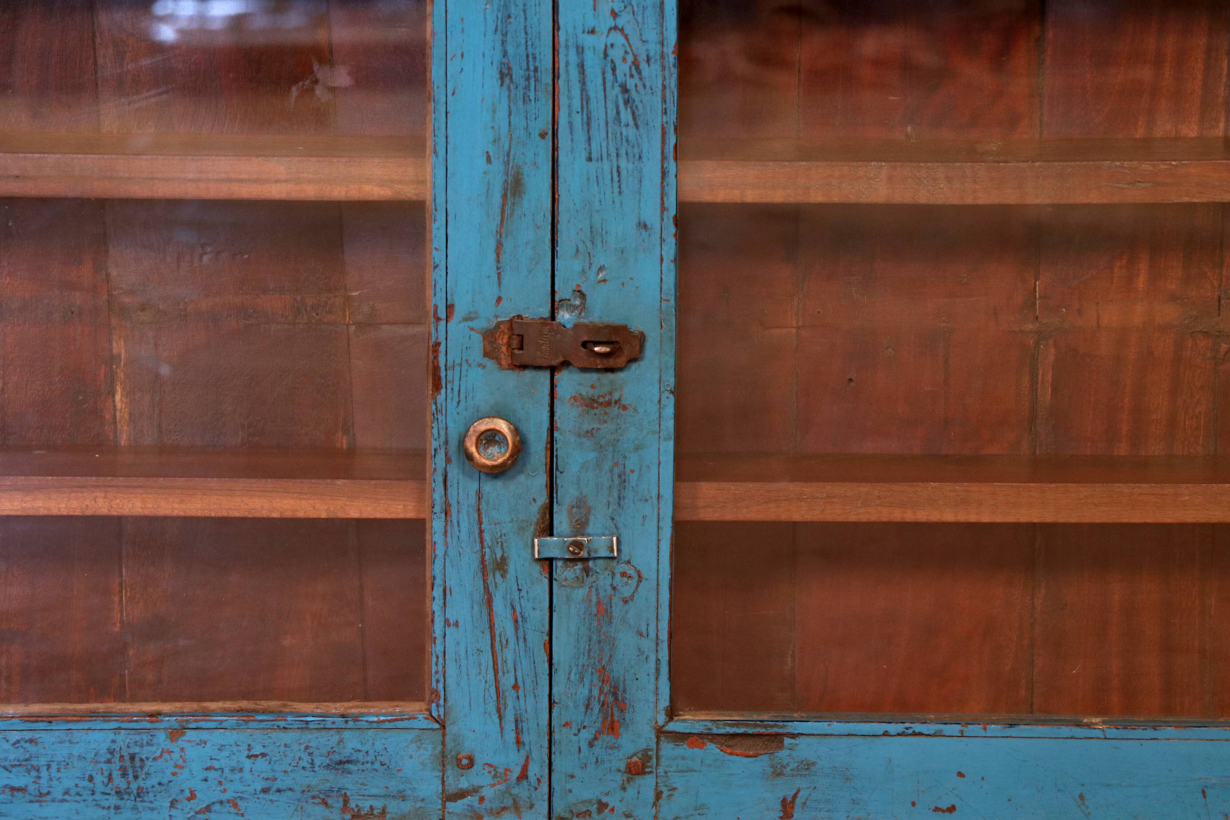 Old Burmese teak wall display case original blue patina