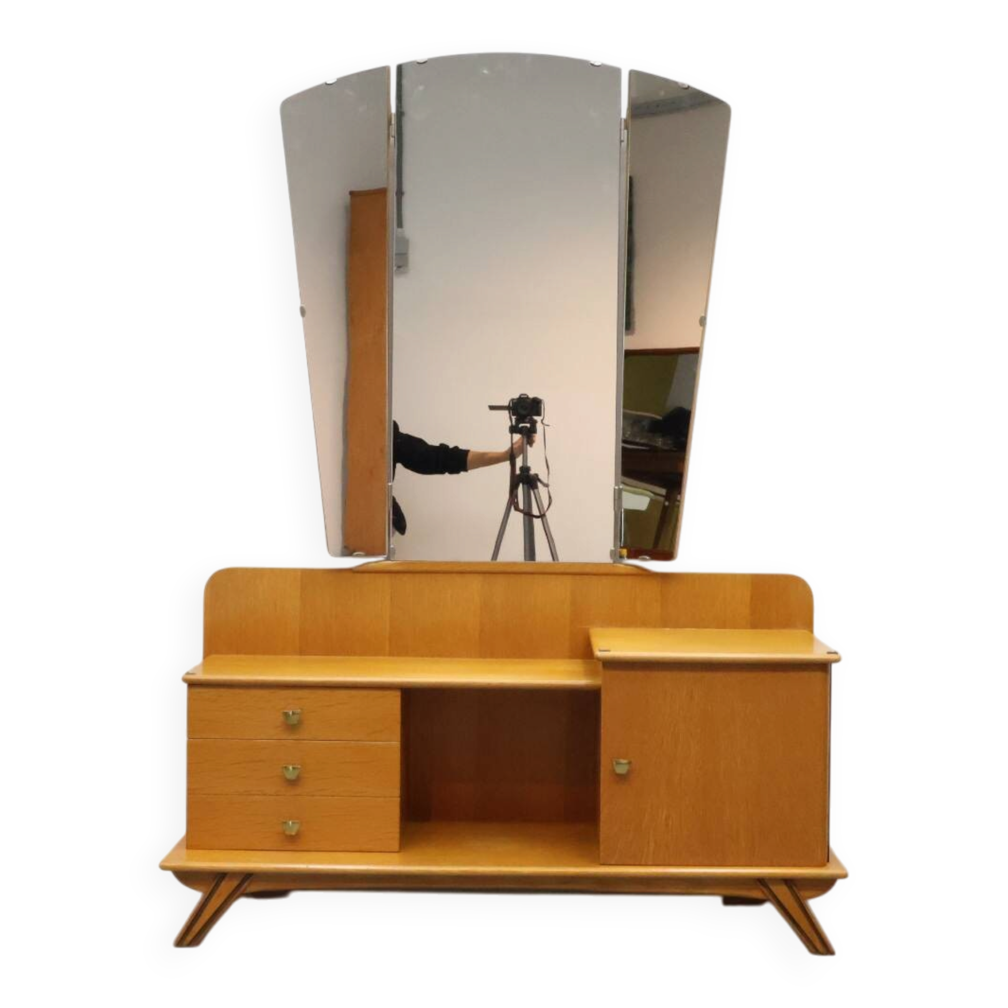 Vintage kaptafel met drieluik spiegel eiken