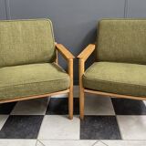 ensemble de fauteuils en tissu vert et bois années 1960