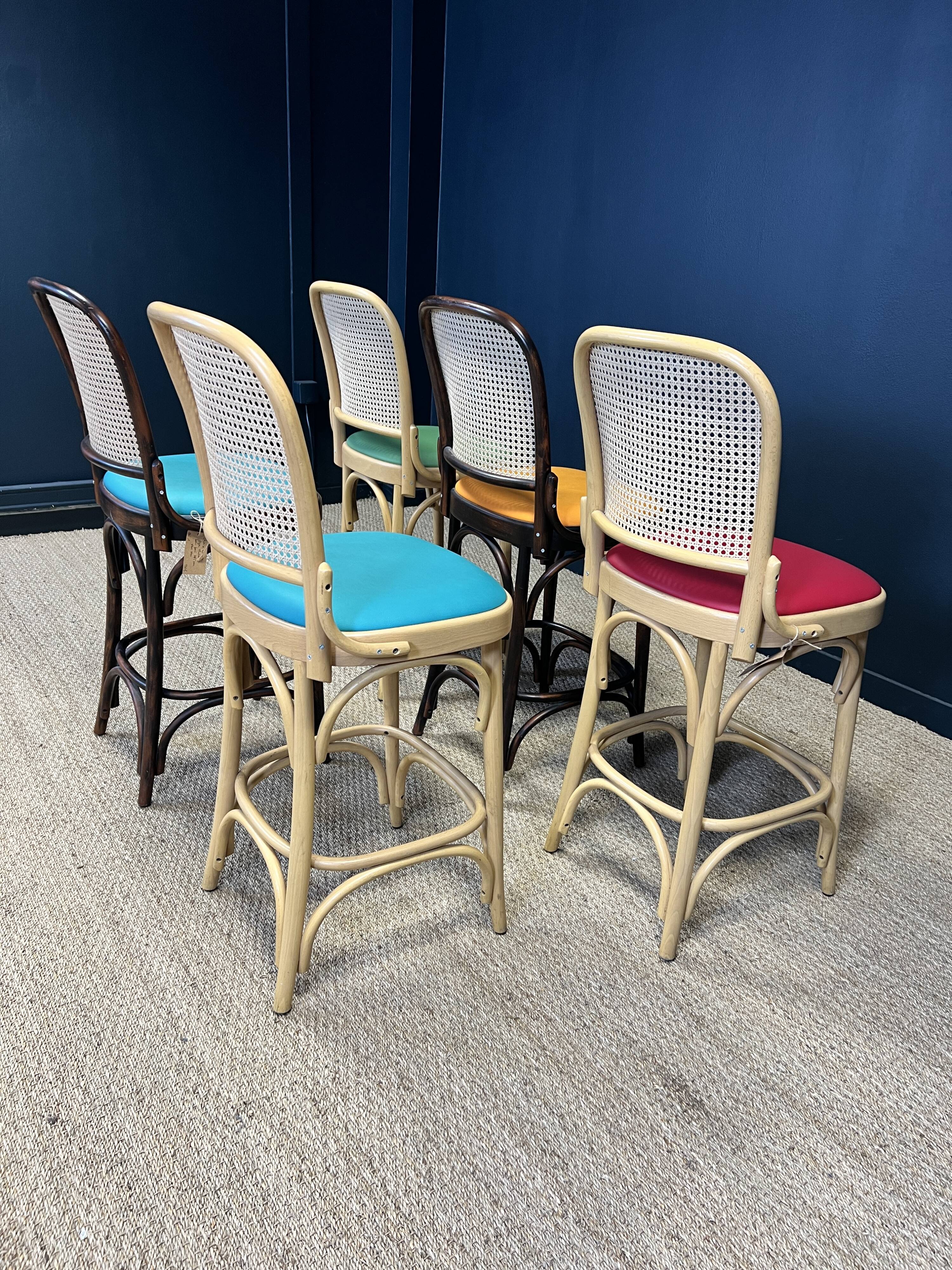 Set of 5 high chairs in light wood and dark wood with canework