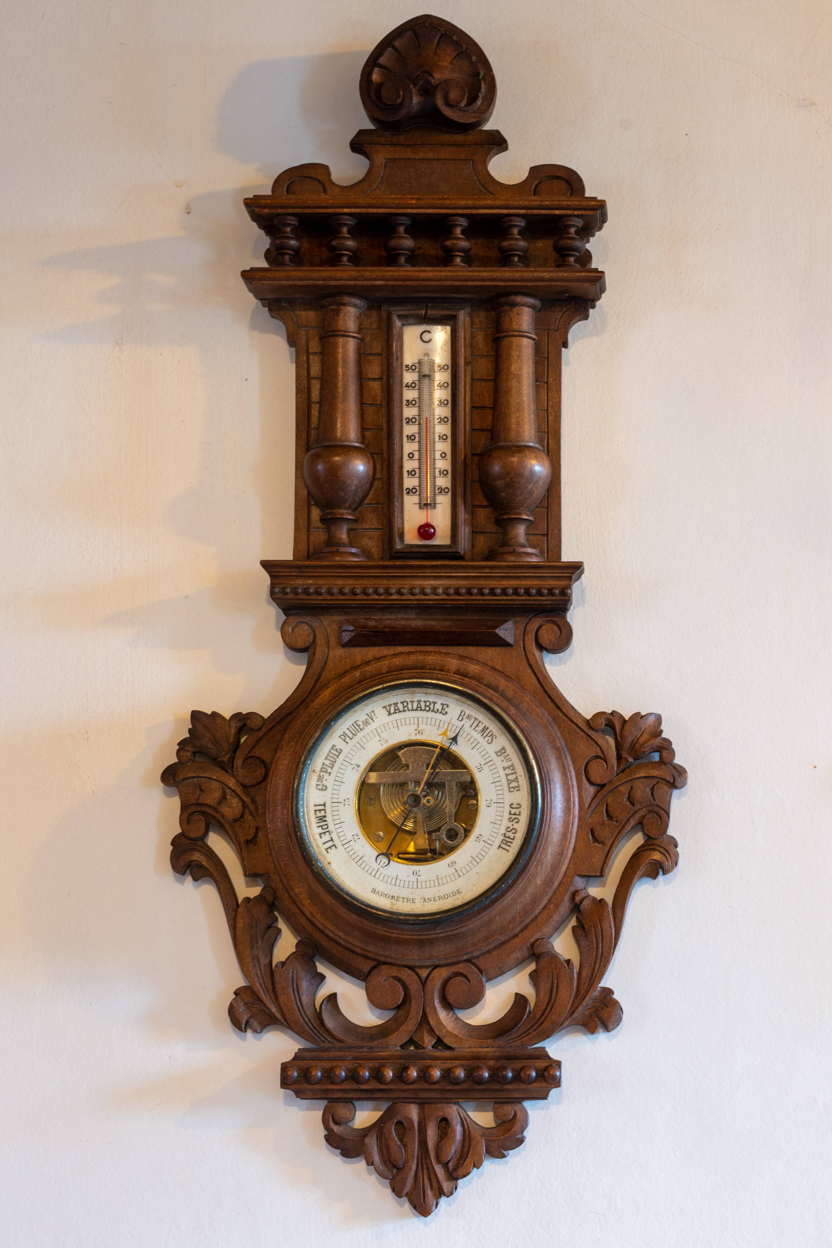 Henri II barometer and thermometer in carved wood