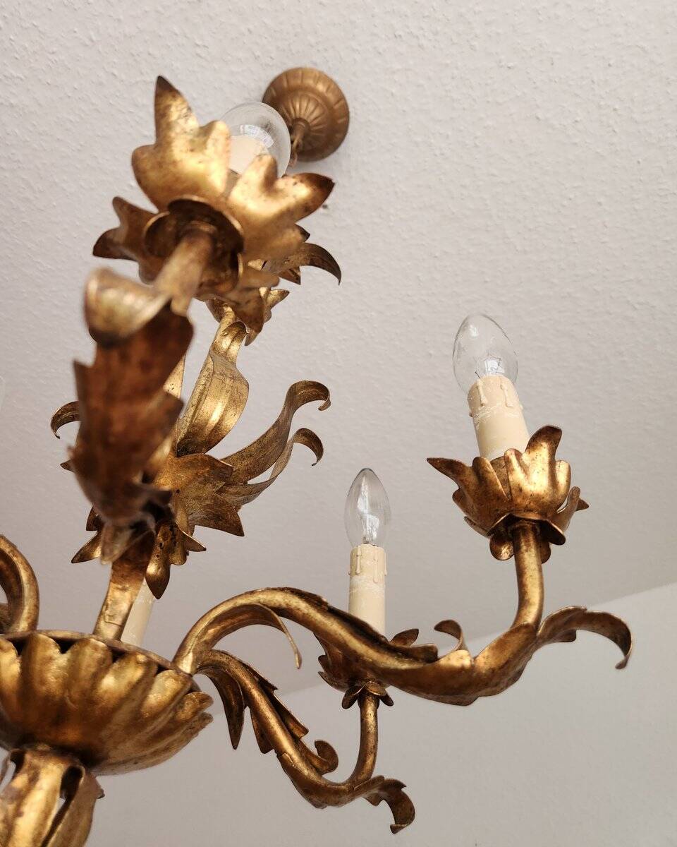 Vintage Hollywood Regency 6 light Chandelier gilded Italy Florence 1950-60