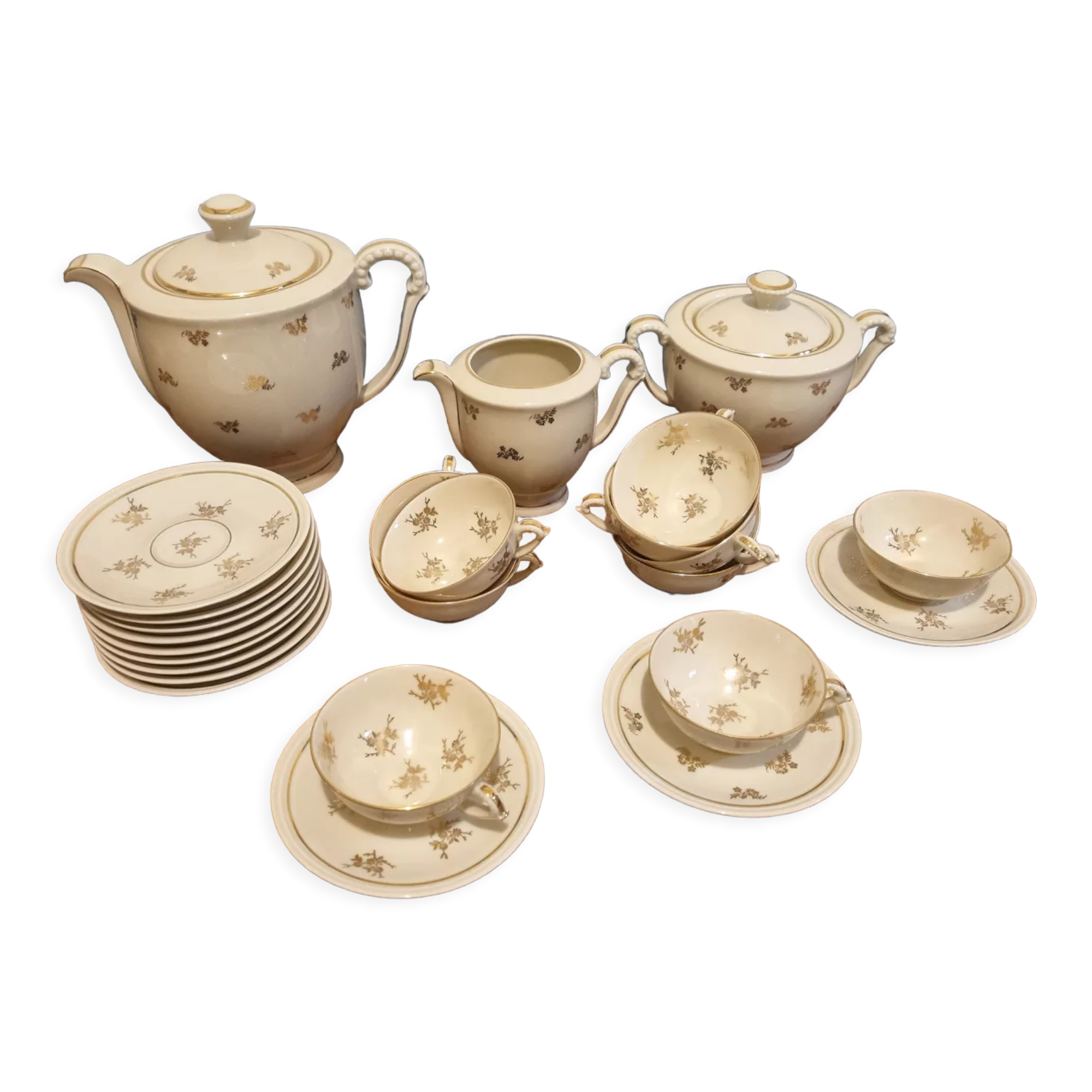 Service complet à café, moka, Alfred Lanternier, porcelaine de Limoges, vintage, pour 10 personnes.