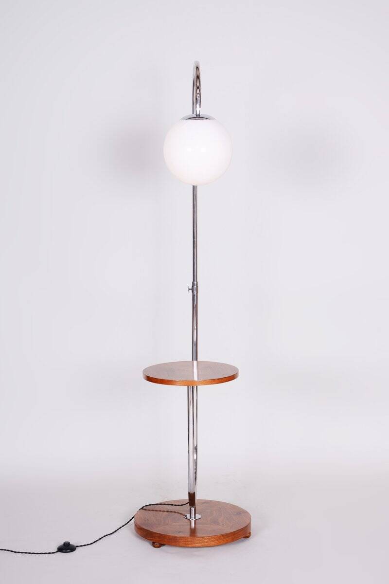 Bauhaus Adjustable Floor Lamp in Walnut and Chrome attributed to R. Slezák, Czech, 1930s